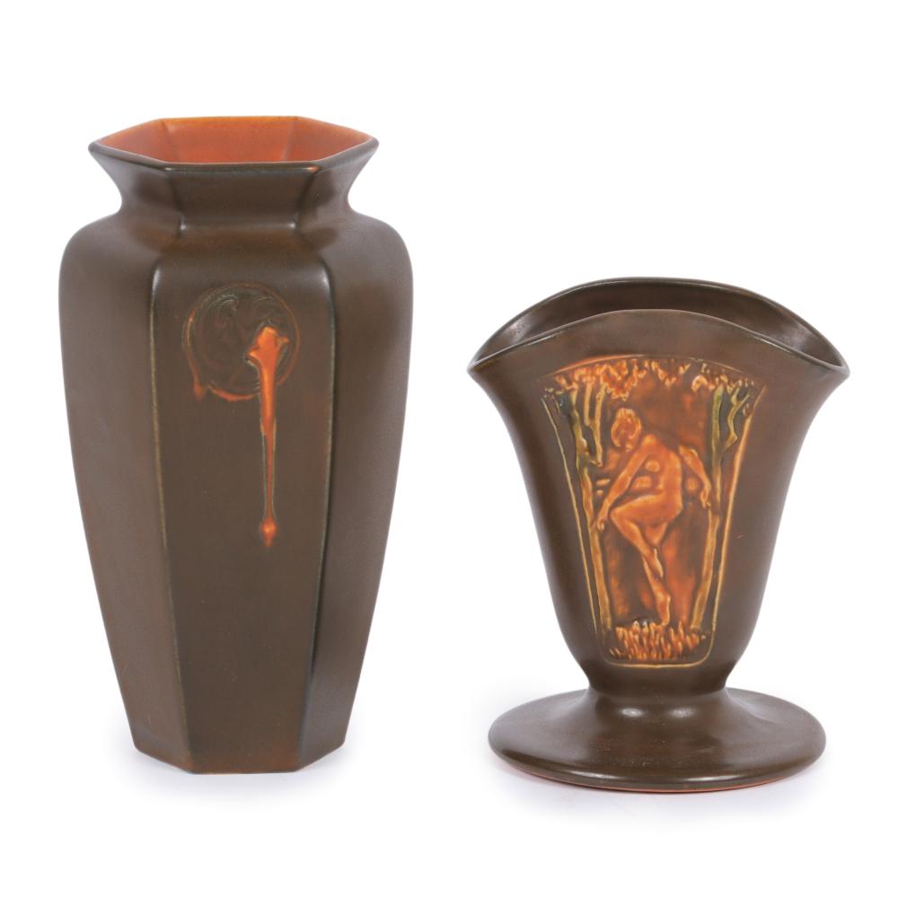 Appraisal: TWO ROSEVILLE ROSECRAFT VASES PANEL NUDE VASE AND HEXAGON H