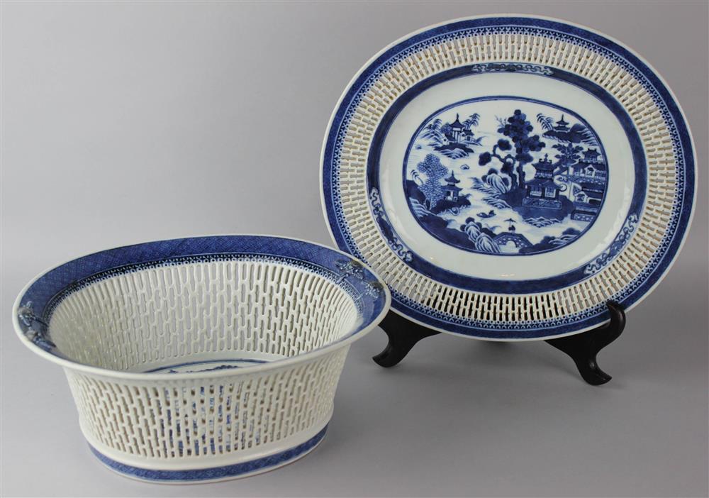 Appraisal: CHINESE BLUE AND WHITE EXPORT PORCELAIN OVAL RETICULATED CHESTNUT BASKET