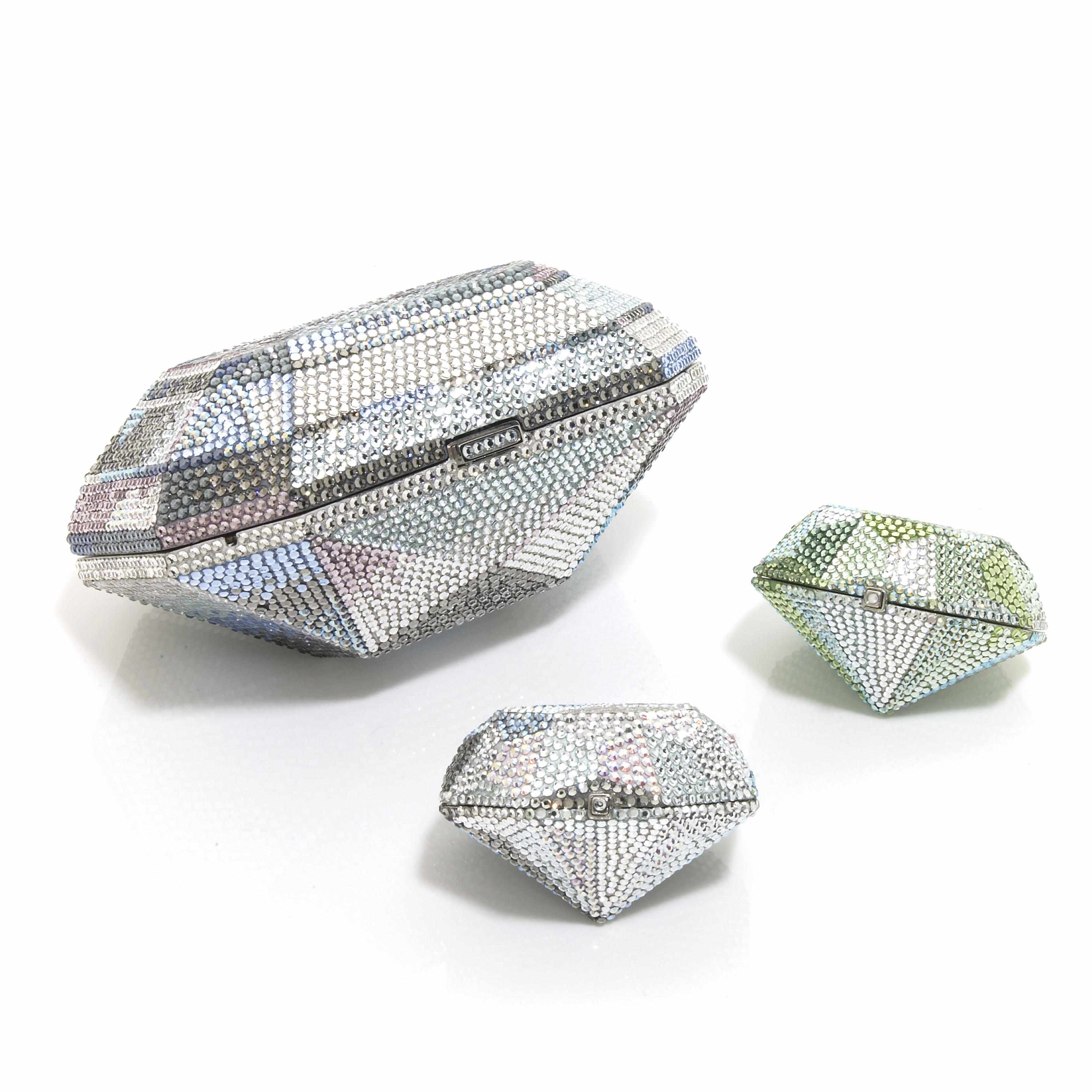 Appraisal: A silver and multi-colored crystal geometric diamond-shaped minaudiere together with