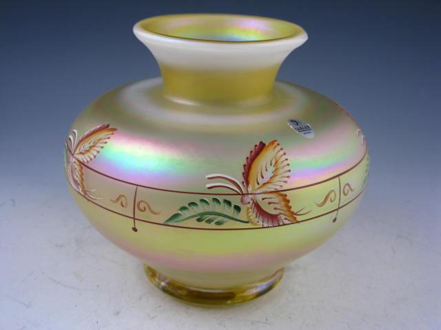 Appraisal: Fenton Decorated Vase iridescent hand painted with butterfly leaf design