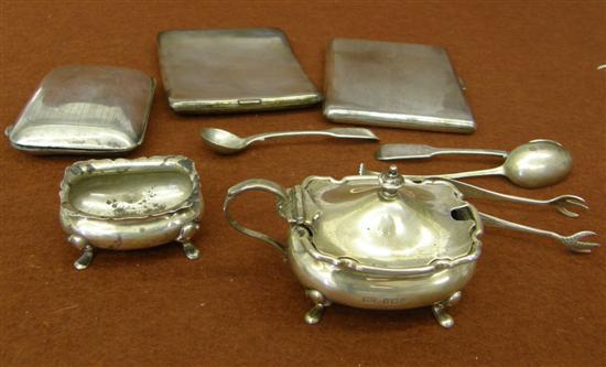 Appraisal: Three silver cigarette cases silver mustard two mustard spoons a