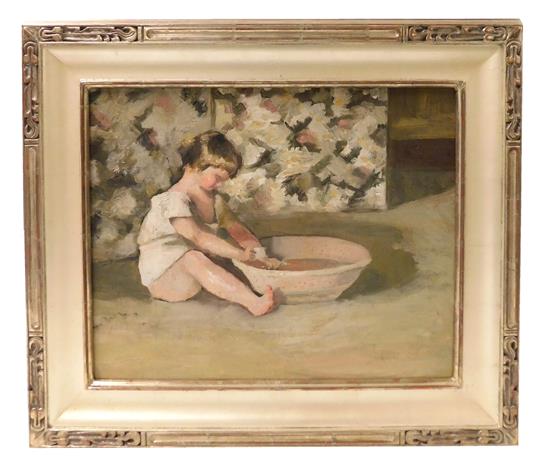 Appraisal: th C unsigned oil on canvas depicting young girl seated