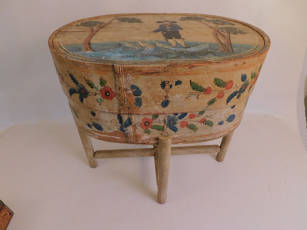 Appraisal: FOLK ART BRIDES BOX ON STAND th century continental oval