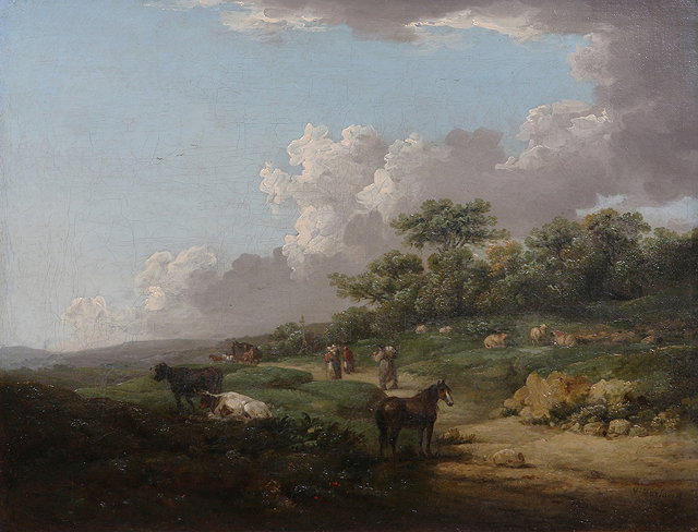 Appraisal: ATTRIBUTED TO GEORGE MORLAND - Landscape with travellers horse cattle