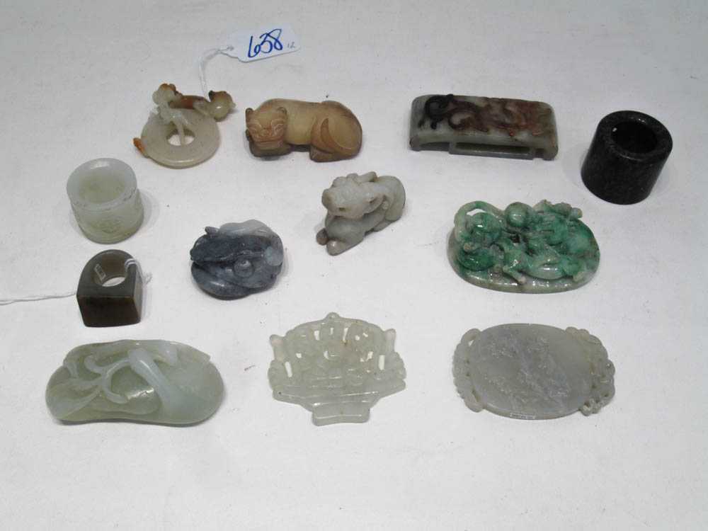 Appraisal: TWELVE CHINESE HARDSTONE AND JADE CARVINGS various forms colors and