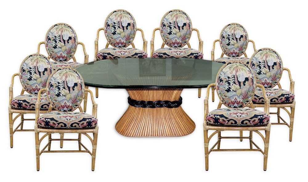 Appraisal: McGuire American Rattan Dining Chair Table Set Signed McGuire dining