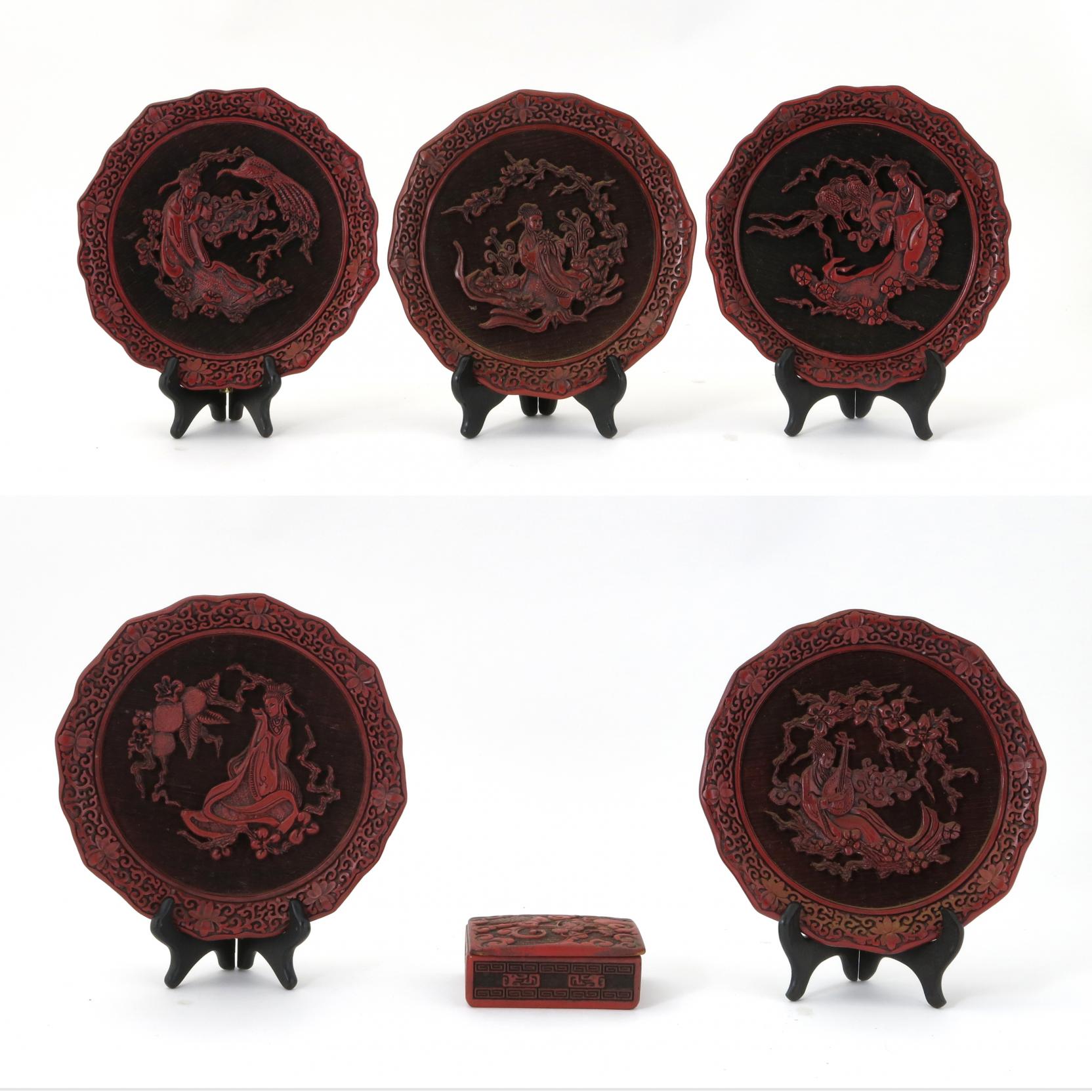 Appraisal: Asian Cinnabar Plates and Covered Box a set of five