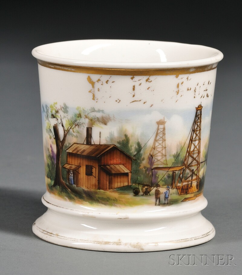 Appraisal: Porcelain Shaving Mug with Painted Oil Well Scene Jean Pouyat