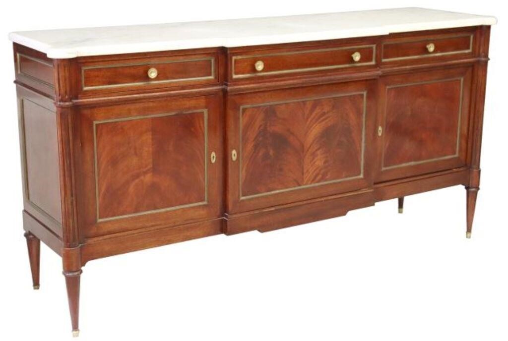 Appraisal: LOUIS XVI STYLE MARBLE-TOP MAHOGANY SIDEBOARDFrench Louis XVI style mahogany