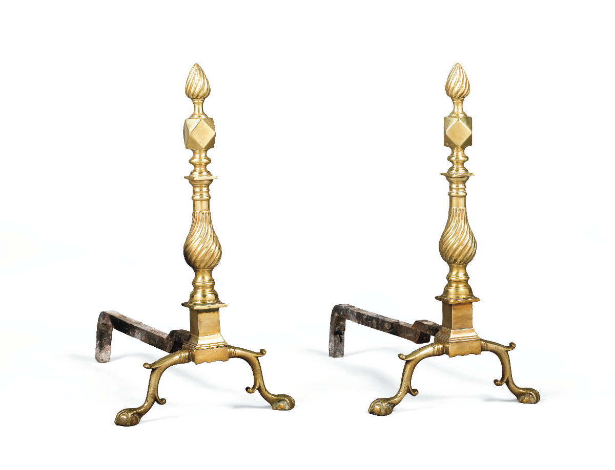 Appraisal: PAIR OF MASSACHUSETTS CHIPPENDALE BRASS DIAMOND AND FLAME-TOP ANDIRONS Height