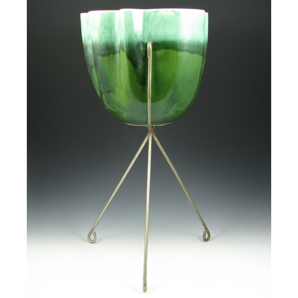 Appraisal: Hull Large Jardiniere w Metal Stand Large jardiniere in green