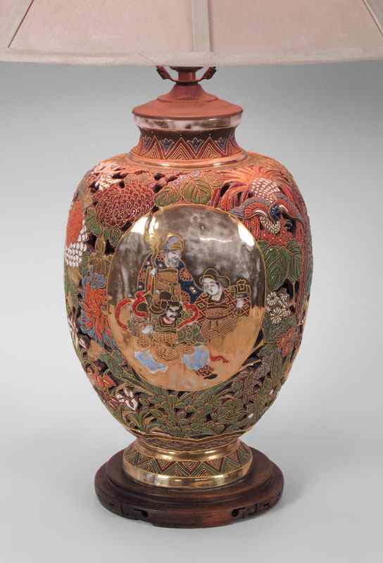 Appraisal: JAPANESE SATSUMA LAMP Reticulated earthenware body decorated with moriage lamp