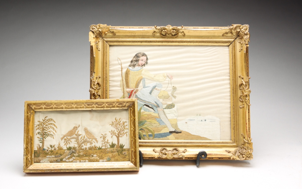 Appraisal: TWO EUROPEAN SILK EMBROIDERIES Nineteenth century Boy fishing with watercolor