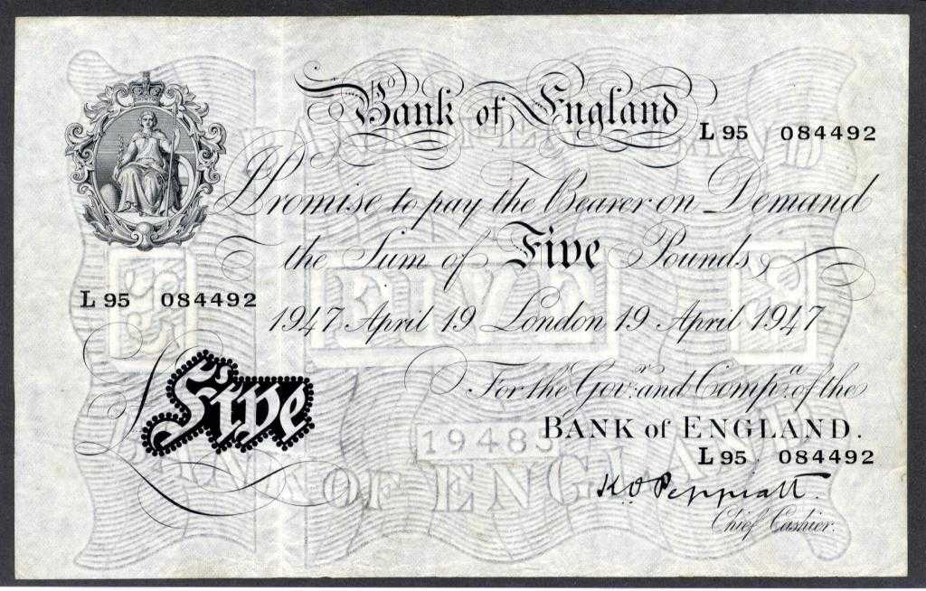 Appraisal: BANK OF ENGLAND K O PEPPIATT WHITE FIVE POUNDS APRIL