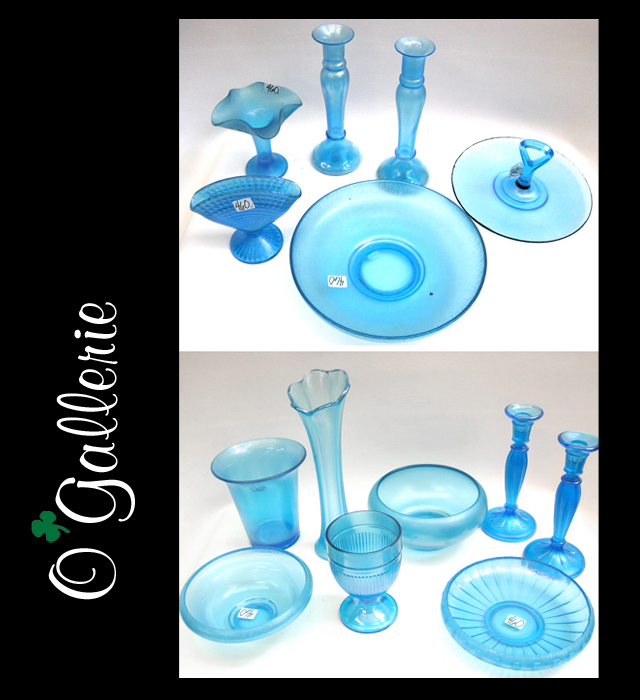 Appraisal: FOURTEEN PIECES BLUE STRETCH GLASS bowls to D pair candlesticks