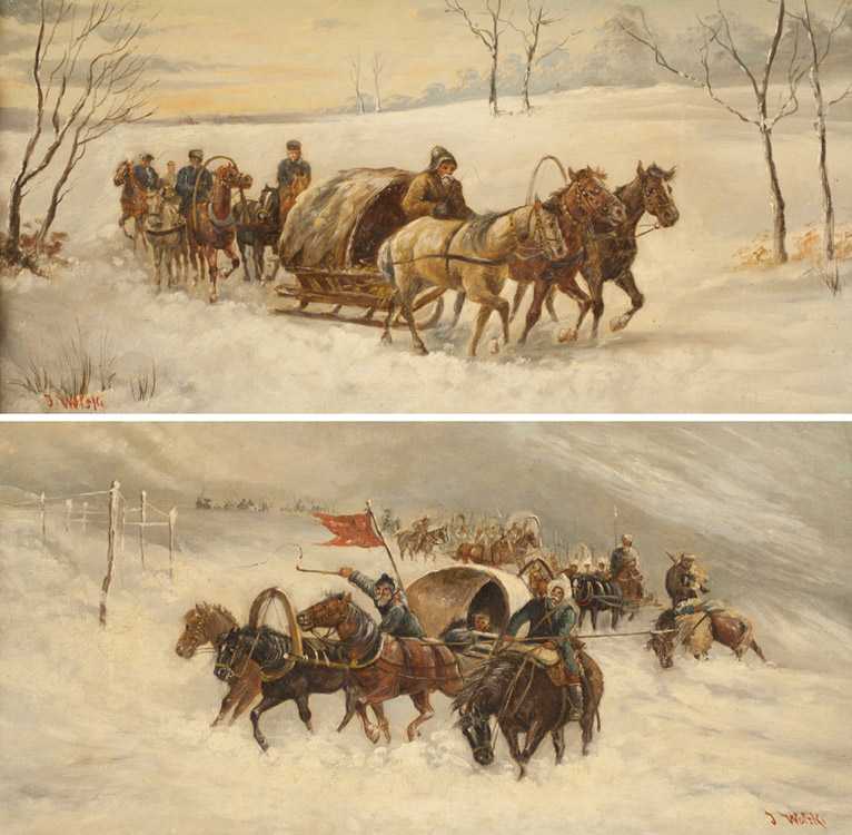 Appraisal: TWO JAN WOLSKI POLISH - PAINTINGS winter scenes with men