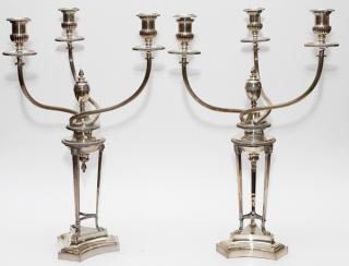 Appraisal: THREE LIGHT SILVERPLATED CANDELABRA EARLY TH C THREE LIGHT SILVERPLATED