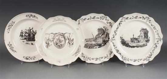 Appraisal: Two Wedgwood black transfer creamware plates and two similar Liverpool