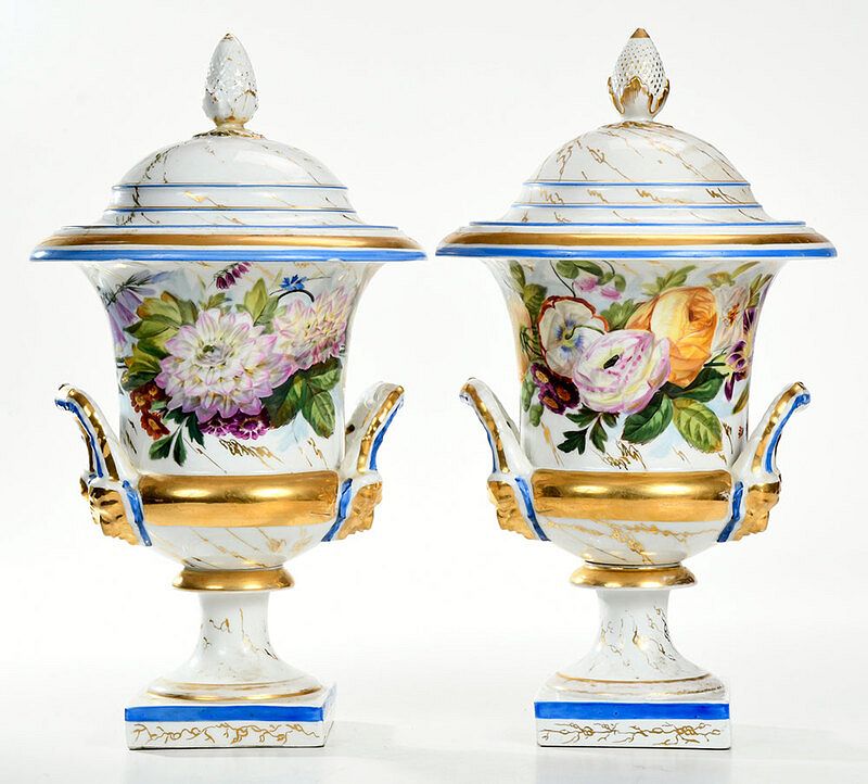 Appraisal: Pair Large Old Paris Covered Urns French early th century