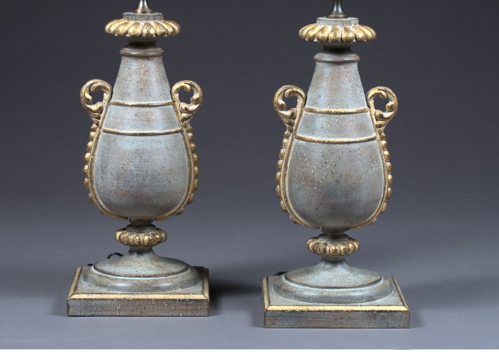 Appraisal: Pair of Italian Gray-Pickled and Parcel-Gilt Wooden Pricket Candlesticks the