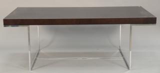 Appraisal: Athos contemporary dining table brown oak with chrome cross stretcher