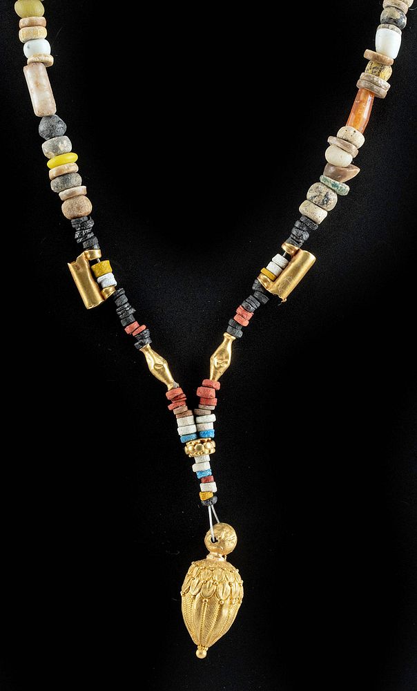 Appraisal: Roman Glass Faience Bead Necklace w K Gold Pendant Roman