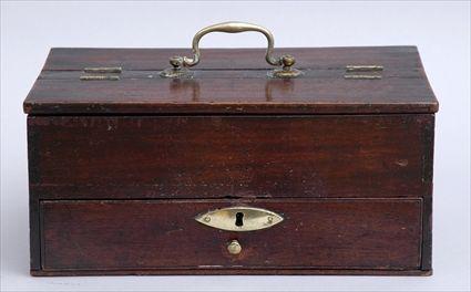 Appraisal: GEORGE III BRASS-MOUNTED MAHOGANY APOTHECARY BOX With hinged lids centering