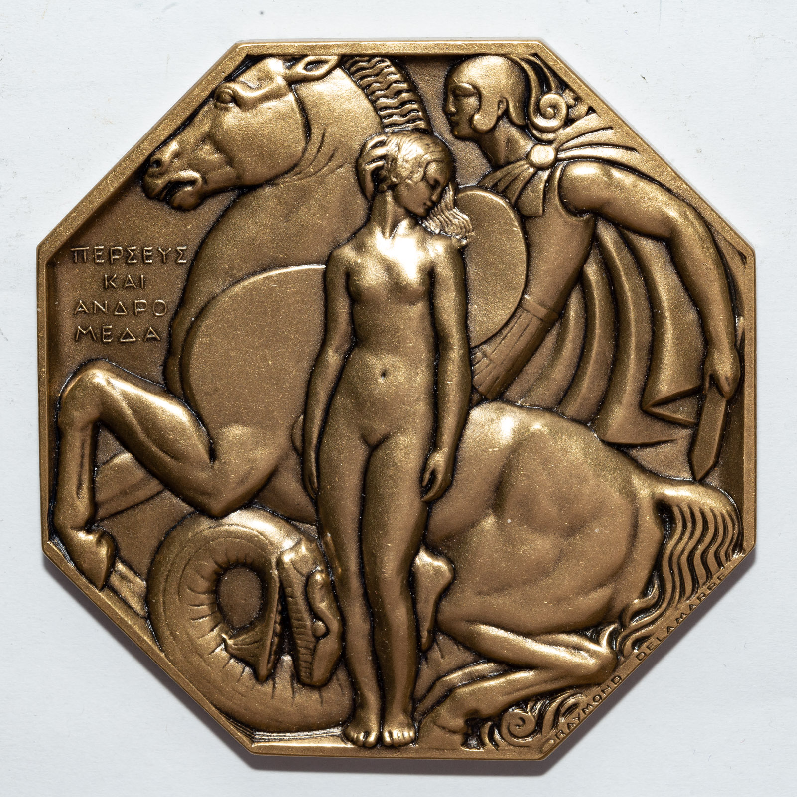 Appraisal: OCTAGONAL ART DECO MEDAL BY RAYMOND DELAMARRE Delamarre - won