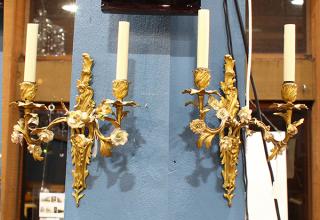 Appraisal: Pair of Louis XV style ormolu and porcelain sconces Pair