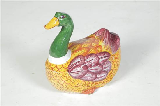 Appraisal: DELFT FIGURAL TUREEN Continental th century Two-piece mallard with polychrome