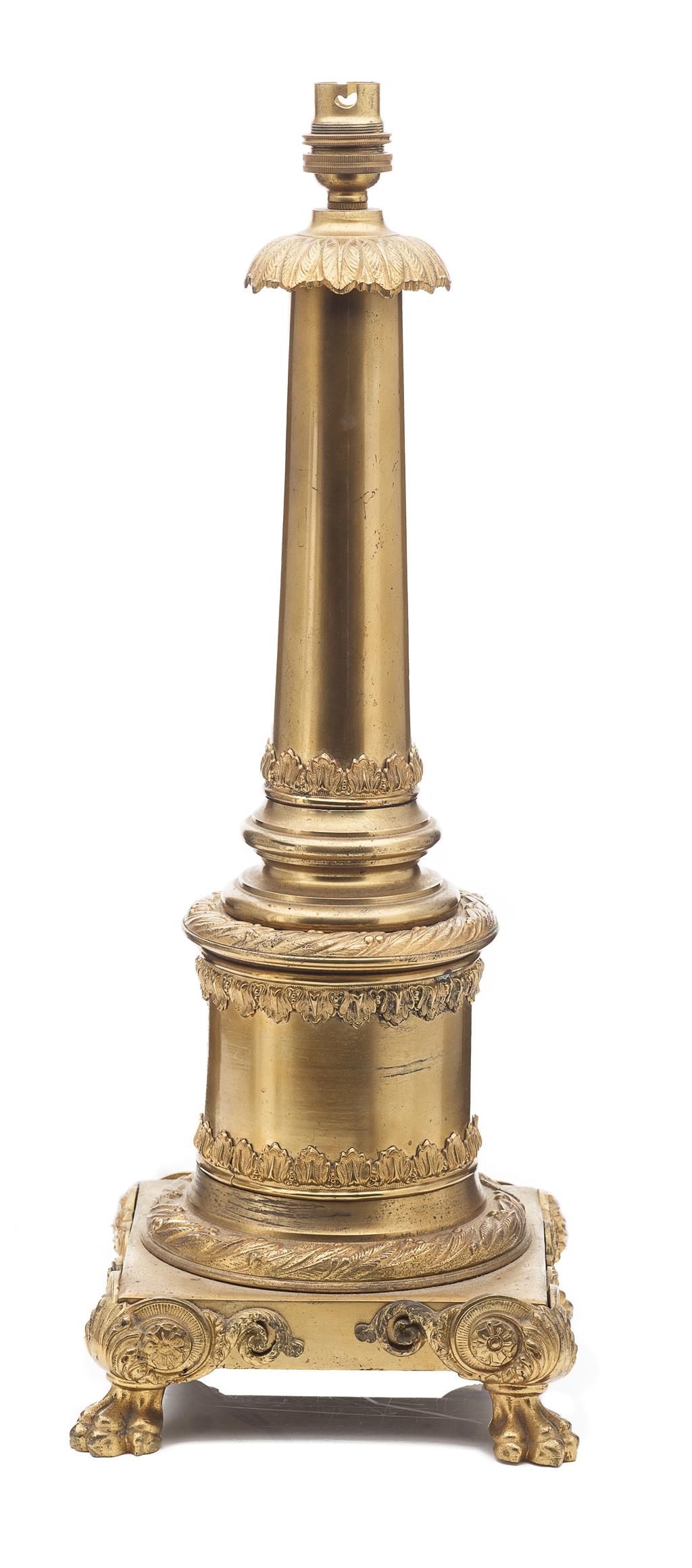 Appraisal: LACQUERED BRASS COLUMN LAMP TH CENTURY the acanthus cast collar