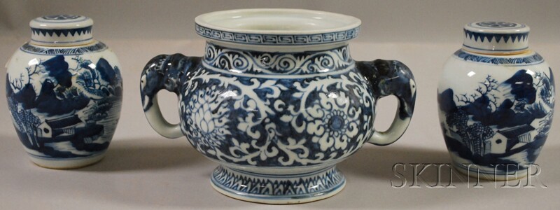 Appraisal: Three Chinese Blue and White Porcelain Items a footed jar