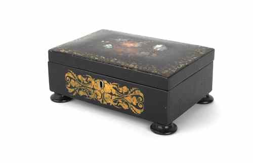 Appraisal: Papier-m ch dresser box with painted and mother of pearl