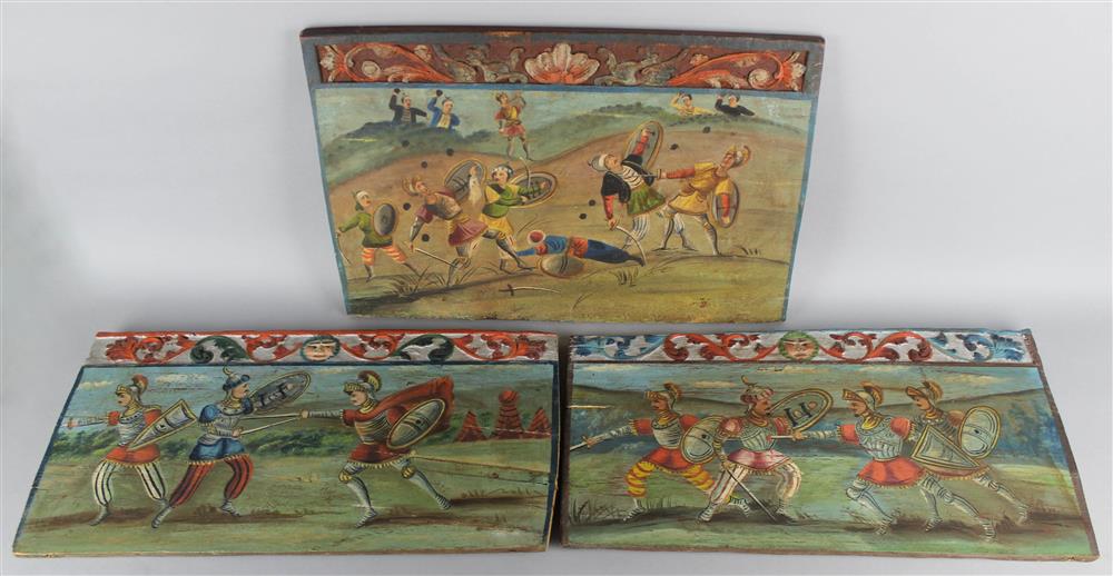 Appraisal: THREE SMALL SICILIAN CARVED AND POLYCHROMED DONKEY CART PANELS each