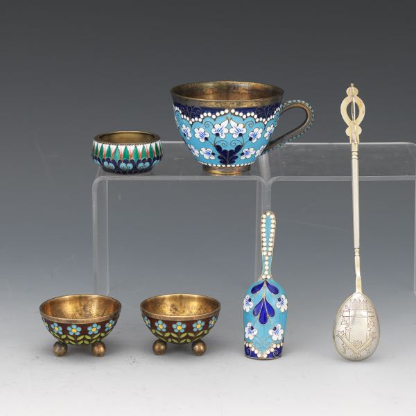 Appraisal: SIX RUSSIAN PARCEL-GILT SILVER AND ENAMEL TABLE ARTICLES Two zolotnik