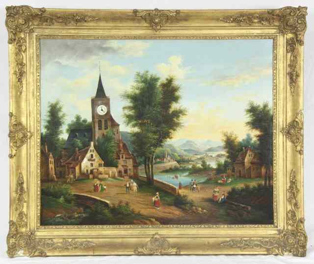 Appraisal: th Century Tyrolean School Lake Landscape with Village the church