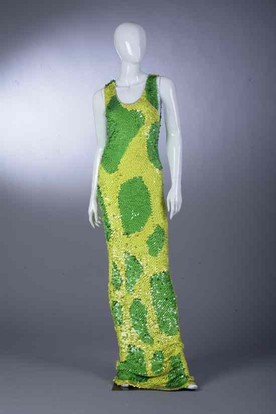 Appraisal: ENRICO COVERI NEON GREEN AND YELLOW PAILLETTE DRESS Long form