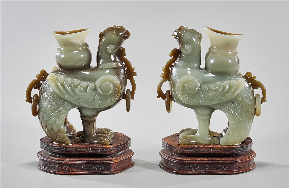 Appraisal: Pair of Chinese carved jade bird form candlesticks on stands