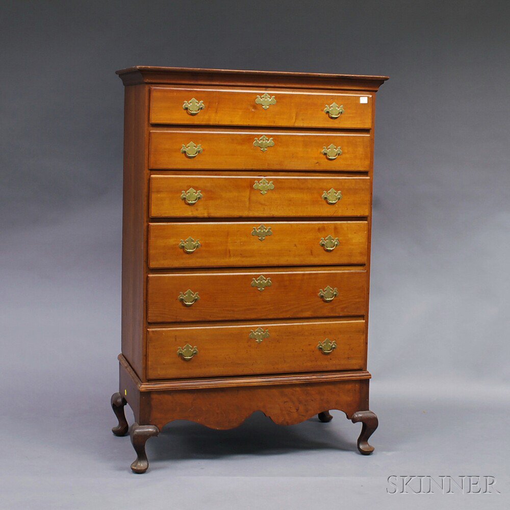 Appraisal: Queen Anne-style Cherry Chest on Frame the flat-molded cornice over