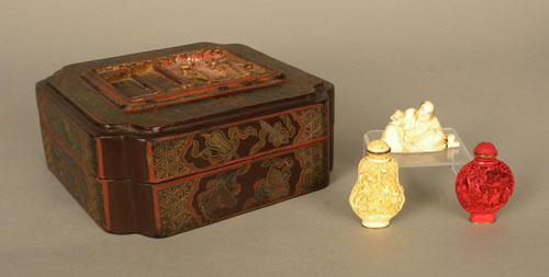 Appraisal: Chinese lacquer box h w snuff bottles and a netsuke