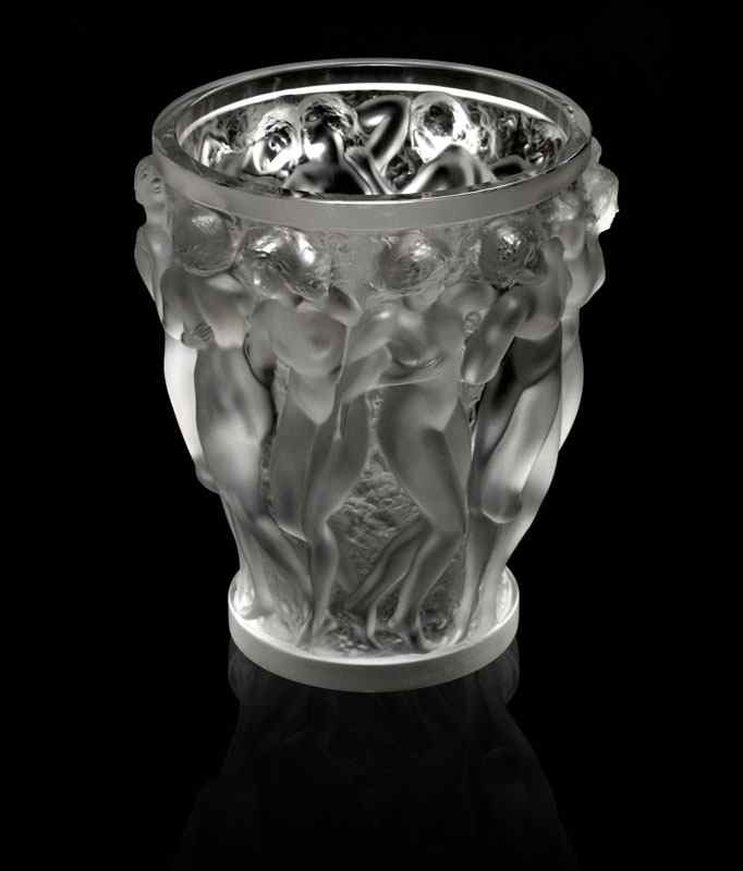 Appraisal: LALIQUE CRYSTAL BACCHANTES VASE Featuring nude figures Approx ''h ''