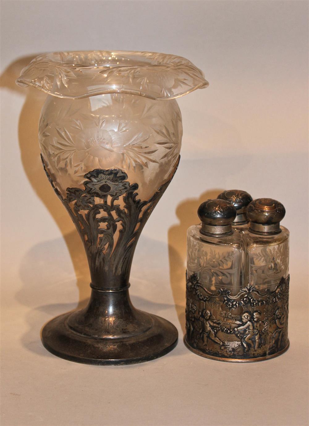 Appraisal: GORHAM SILVER-MOUNTED ETCHED GLASS VASE no in two pieces the