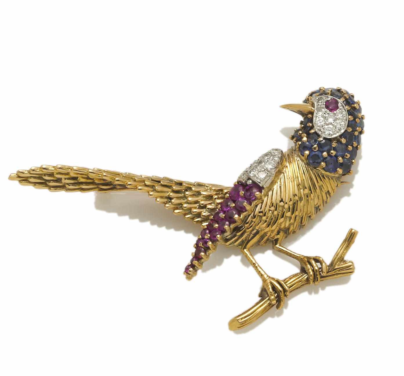 Appraisal: A sapphire ruby and diamond bird brooch Hammerman Brothers with