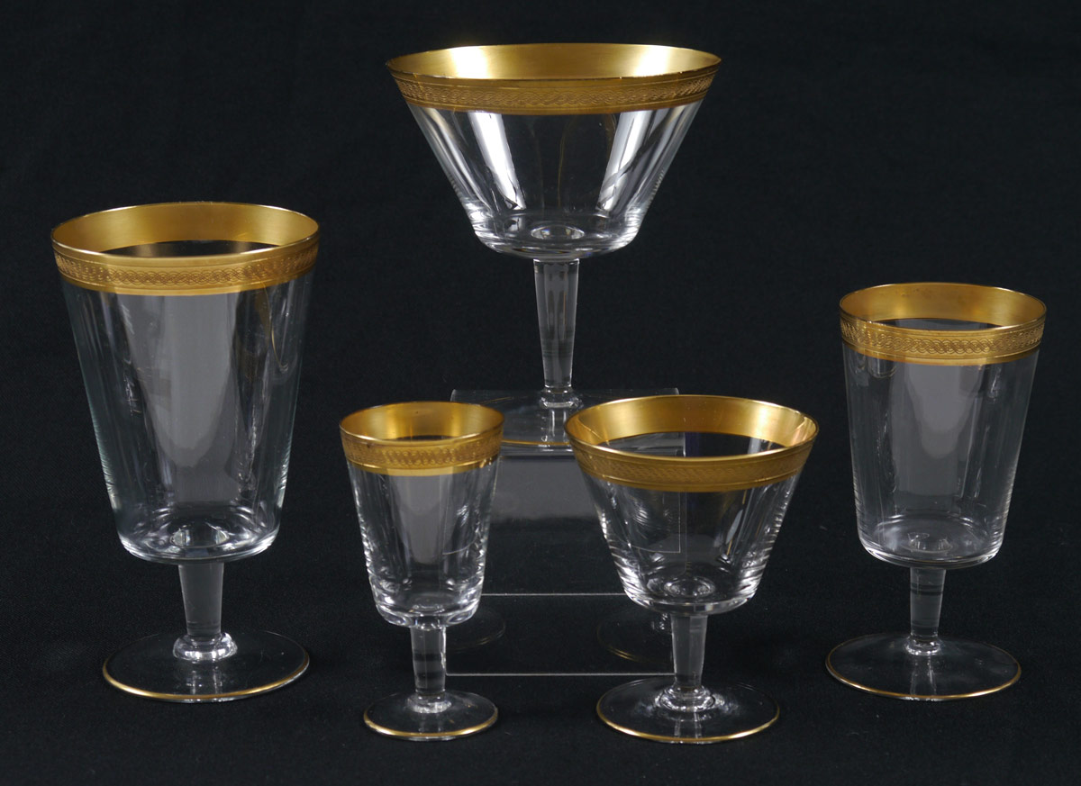 Appraisal: MOSER CRYSTAL GOLD RIM STEMWARE Approx pieces to include goblets