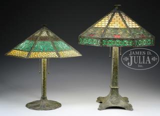 Appraisal: TWO LARGE SLAG GLASS LAMPS Unmarked octagonal shade with chartreuse