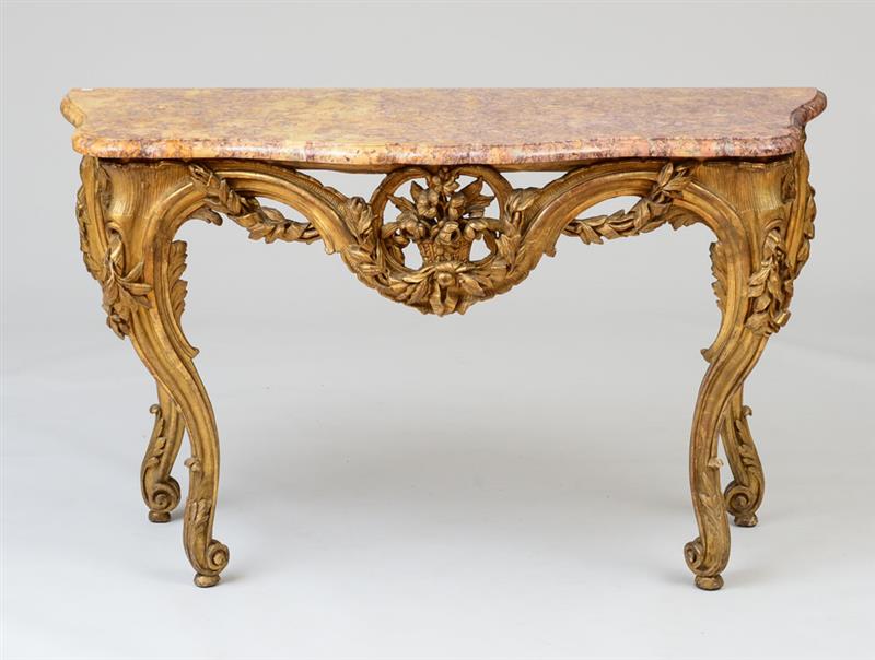 Appraisal: LOUIS XV GILTWOOD CONSOLE With a serpentine-fronted breche violette marble