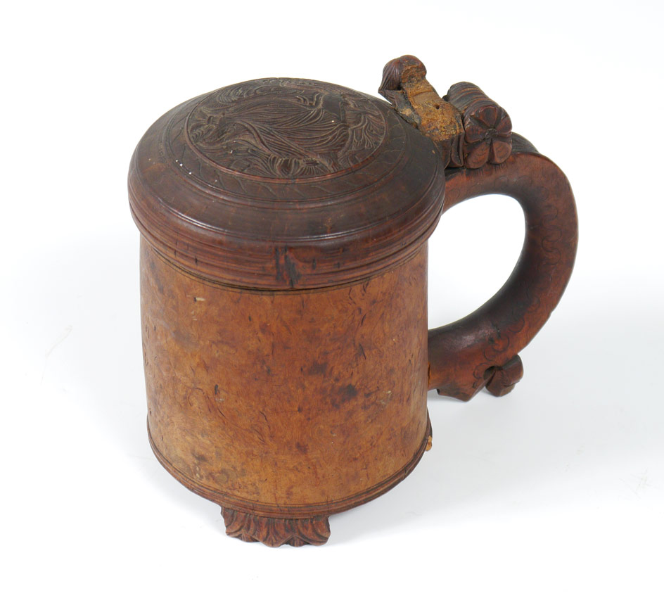 Appraisal: SCANDINAVIAN CARVED BURL WOOD STEIN Carved hinged lid with figural