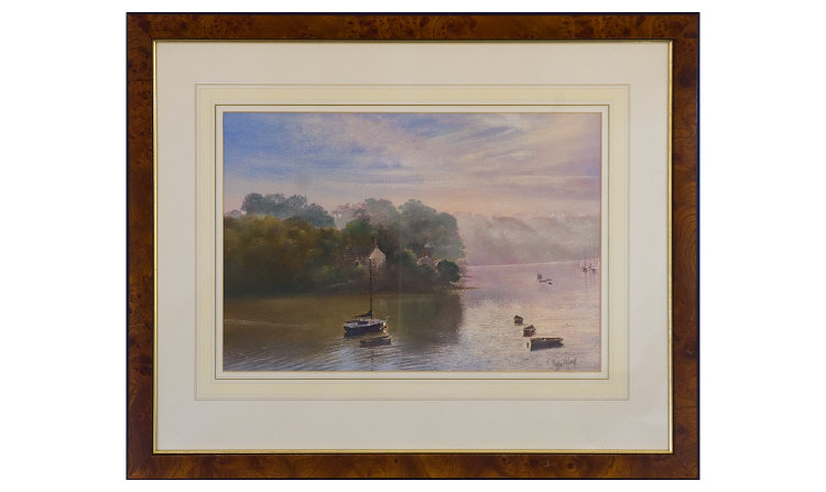 Appraisal: Pastel Lake Scene in Walnut Style Frame Signed measures by