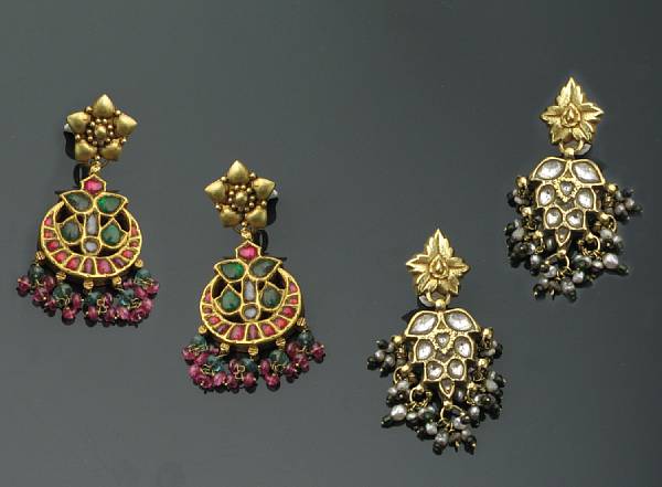 Appraisal: A collection of three gold topped and gem-set earrings with