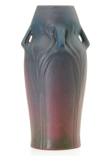 Appraisal: VAN BRIGGLE Tall vase with four short handles and embossed